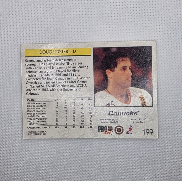 NHL 1992-93 Doug Lidster Vancouver Canucks #199 Pro Set Hockey Card - Picture 3 of 4